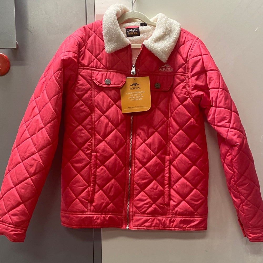 Pacific Trail watermelon Red Quilted Kids Jacket with Sherpa Collar